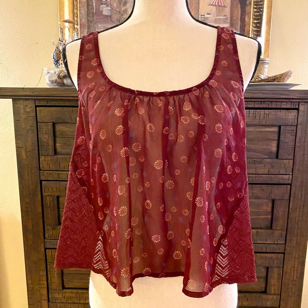 Hollister Burgundy Sheer Tank Top with Floral Print Size M